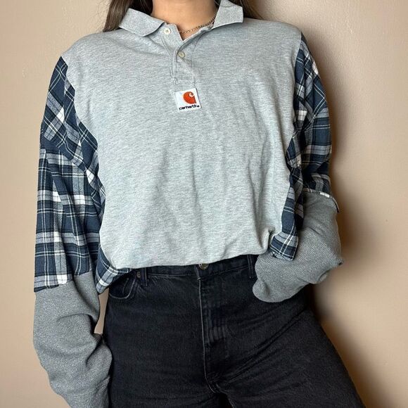 Reworked Upcycled Carhartt Long Sleeve Plaid Relaxed Fit Flannel Shirt Top - Picture 1 of 4